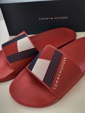 Tommy Hilfiger Pool slides TH logo sandals Mens size Red